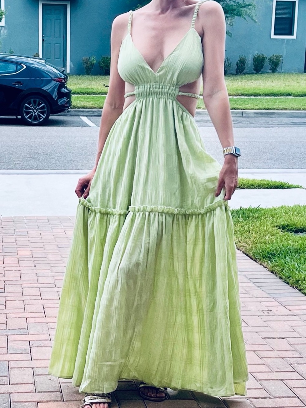 Light Green Tiered Maxi Dress with Cutout Waist